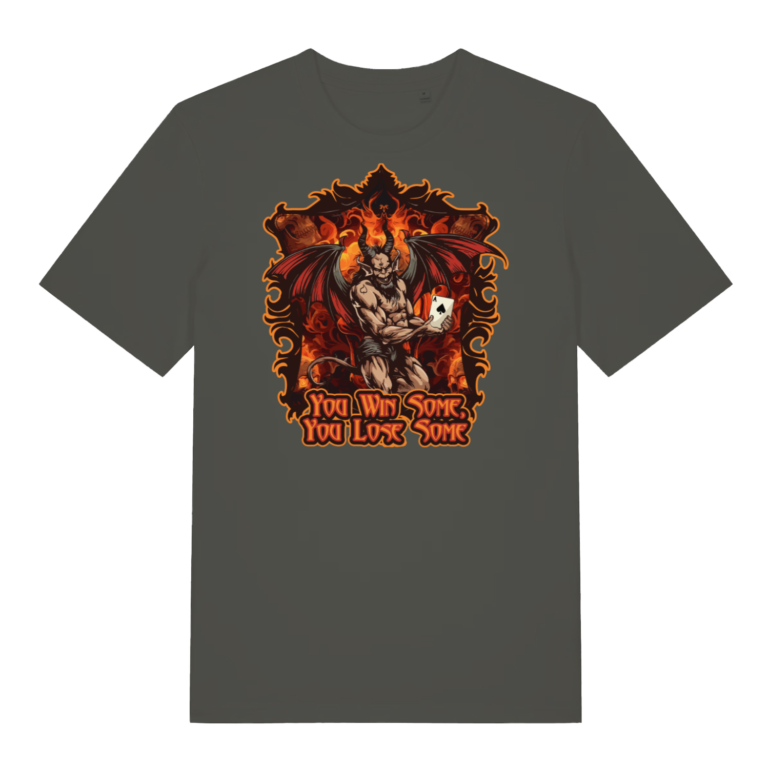 khaki music t-shirt with the graphic of a devil holding a playing card and the slogan 'you win some, you lose some'