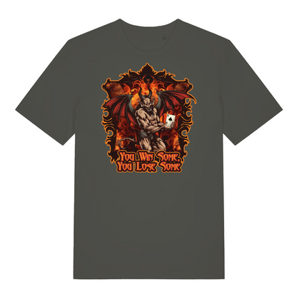 khaki music t-shirt with the graphic of a devil holding a playing card and the slogan 'you win some, you lose some'