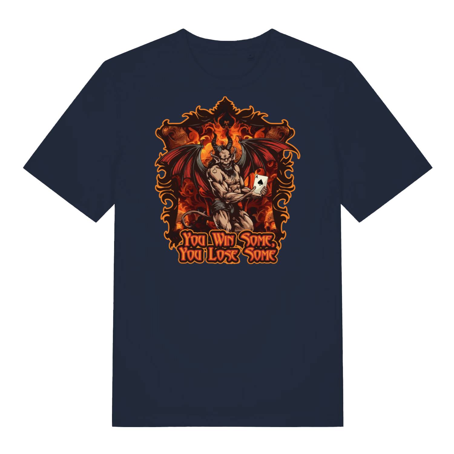 navy music t-shirt with the graphic of a devil holding a playing card and the slogan 'you win some, you lose some'