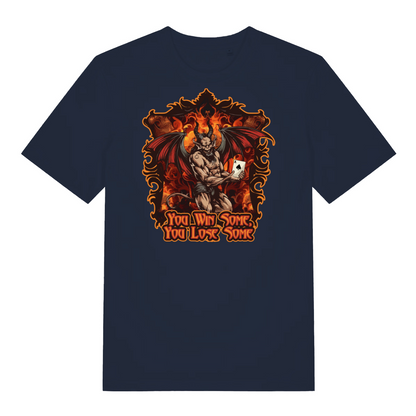 navy music t-shirt with the graphic of a devil holding a playing card and the slogan 'you win some, you lose some'