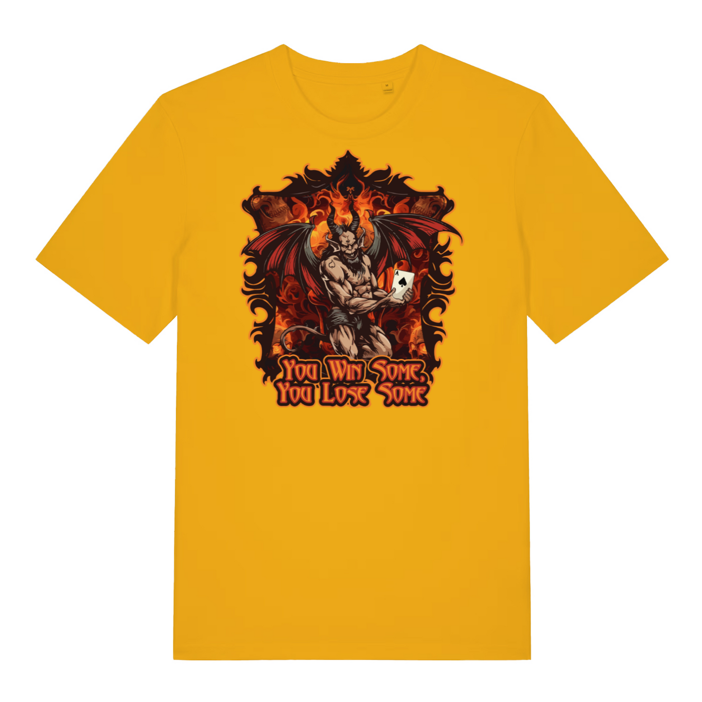 yellow music t-shirt with the graphic of a devil holding a playing card and the slogan 'you win some, you lose some'