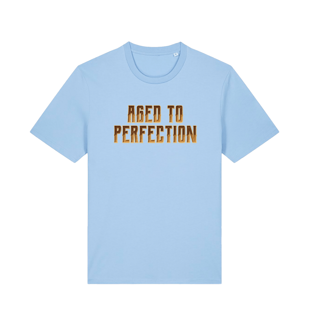 Light blue slogan t-shirt that reads aged to perfection