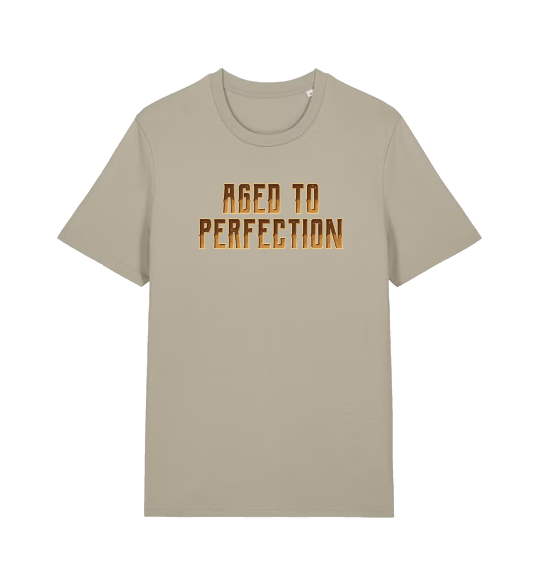 Beige slogan t-shirt that reads aged to perfection