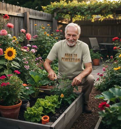 Man tending to a garden with colorful flowers and plants, wearing a shirt that reads 'Aged to Perfection'.