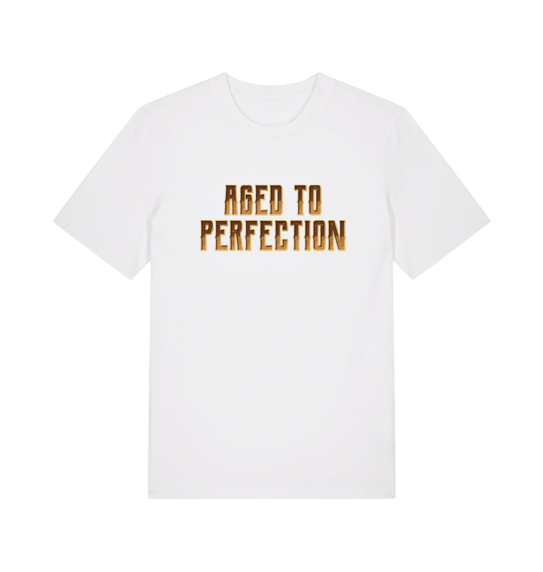 White slogan t-shirt that reads aged to perfection