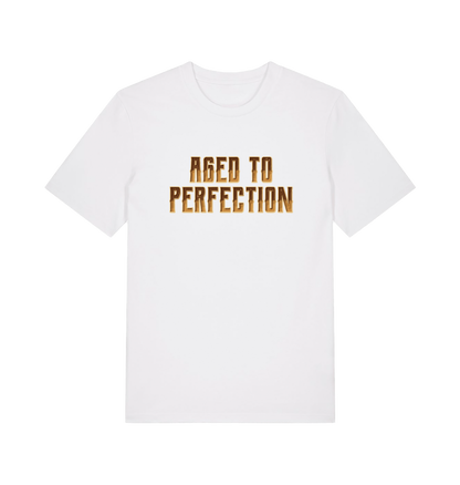 White slogan t-shirt that reads aged to perfection