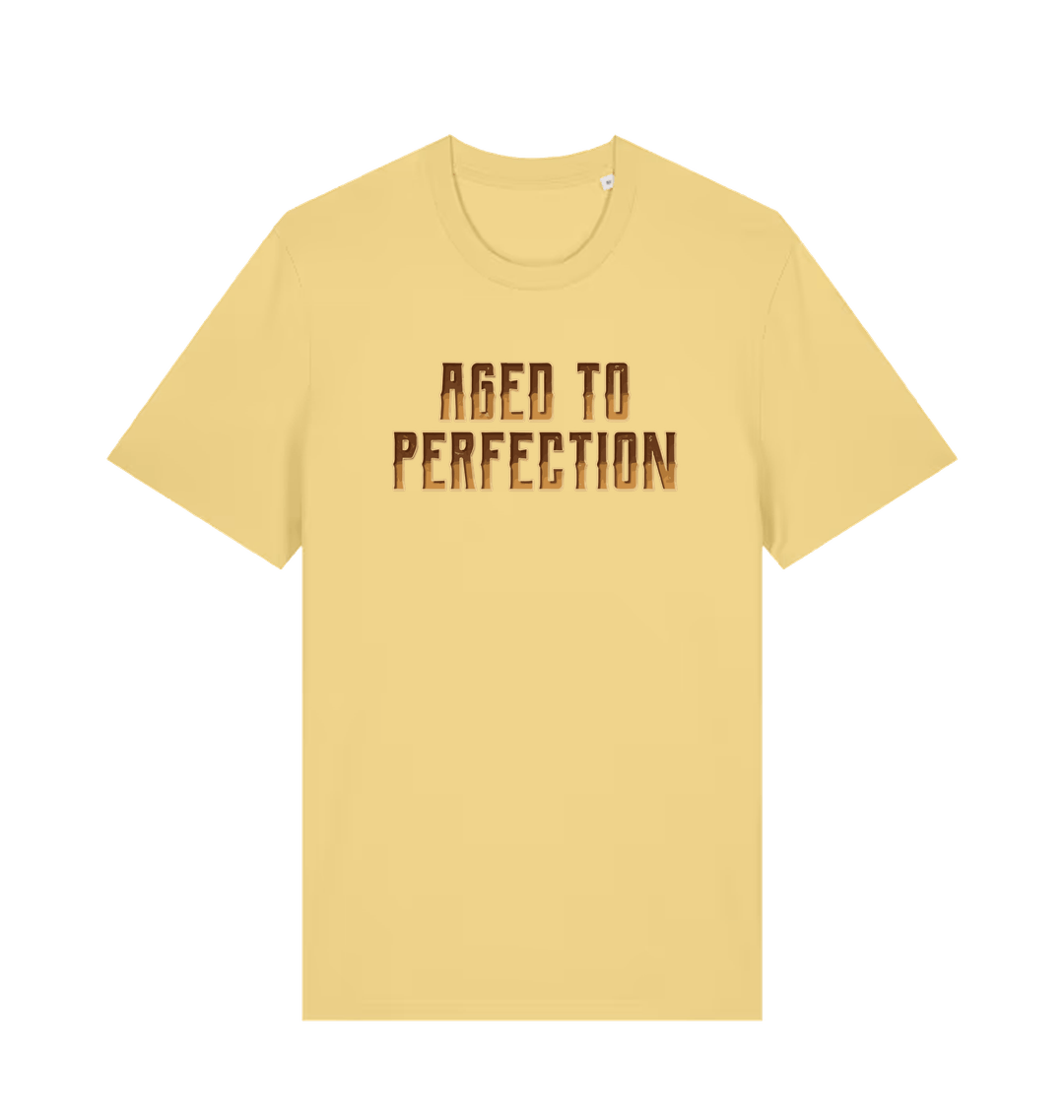 Yellow slogan t-shirt that reads aged to perfection