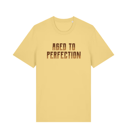 Yellow slogan t-shirt that reads aged to perfection