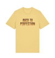 Yellow slogan t-shirt that reads aged to perfection