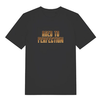 black slogan t-shirt with 'aged to perfection'