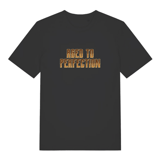 black slogan t-shirt with 'aged to perfection'