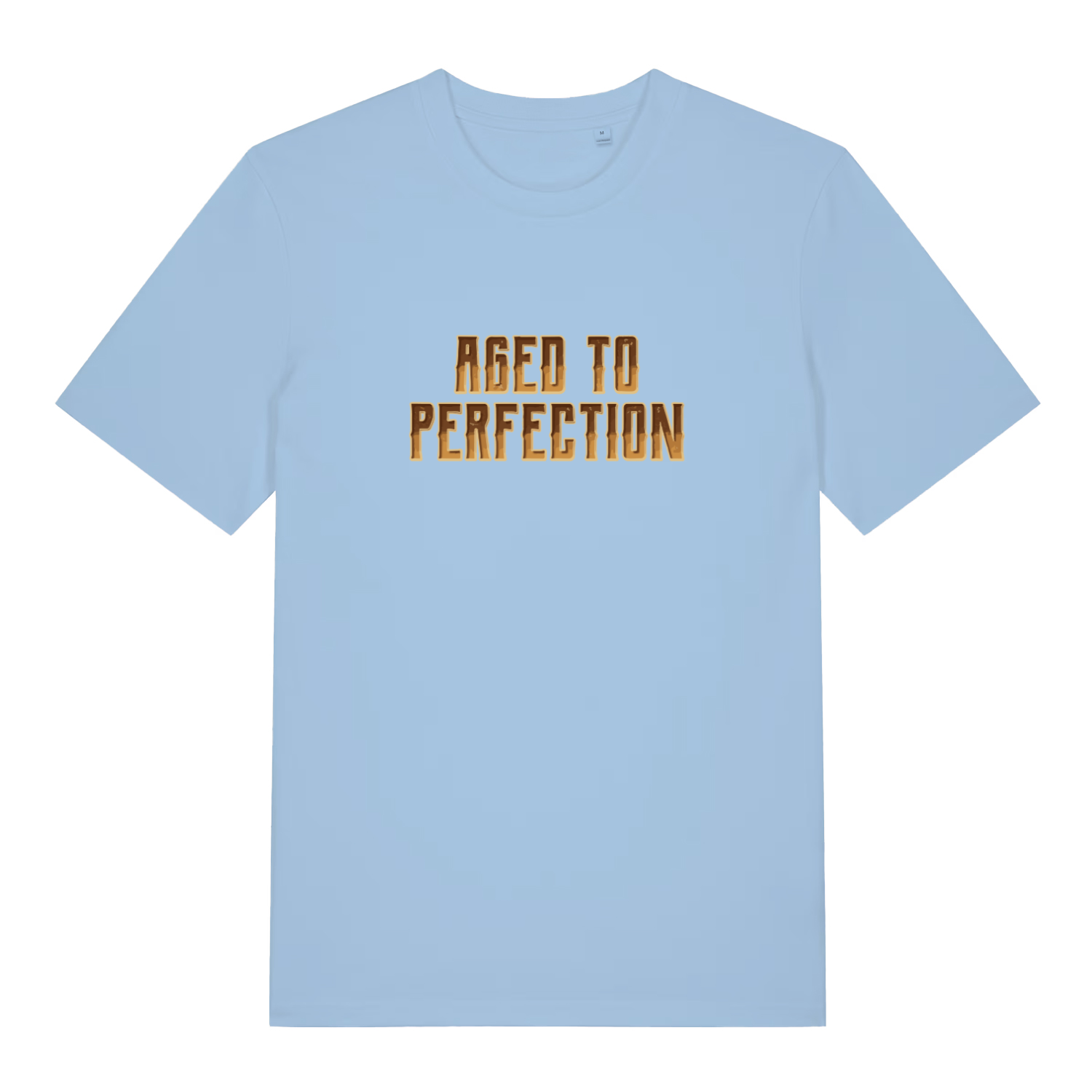light blue slogan t-shirt with 'aged to perfection'