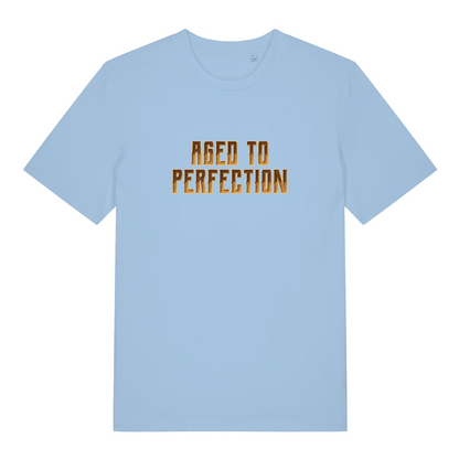 light blue slogan t-shirt with 'aged to perfection'