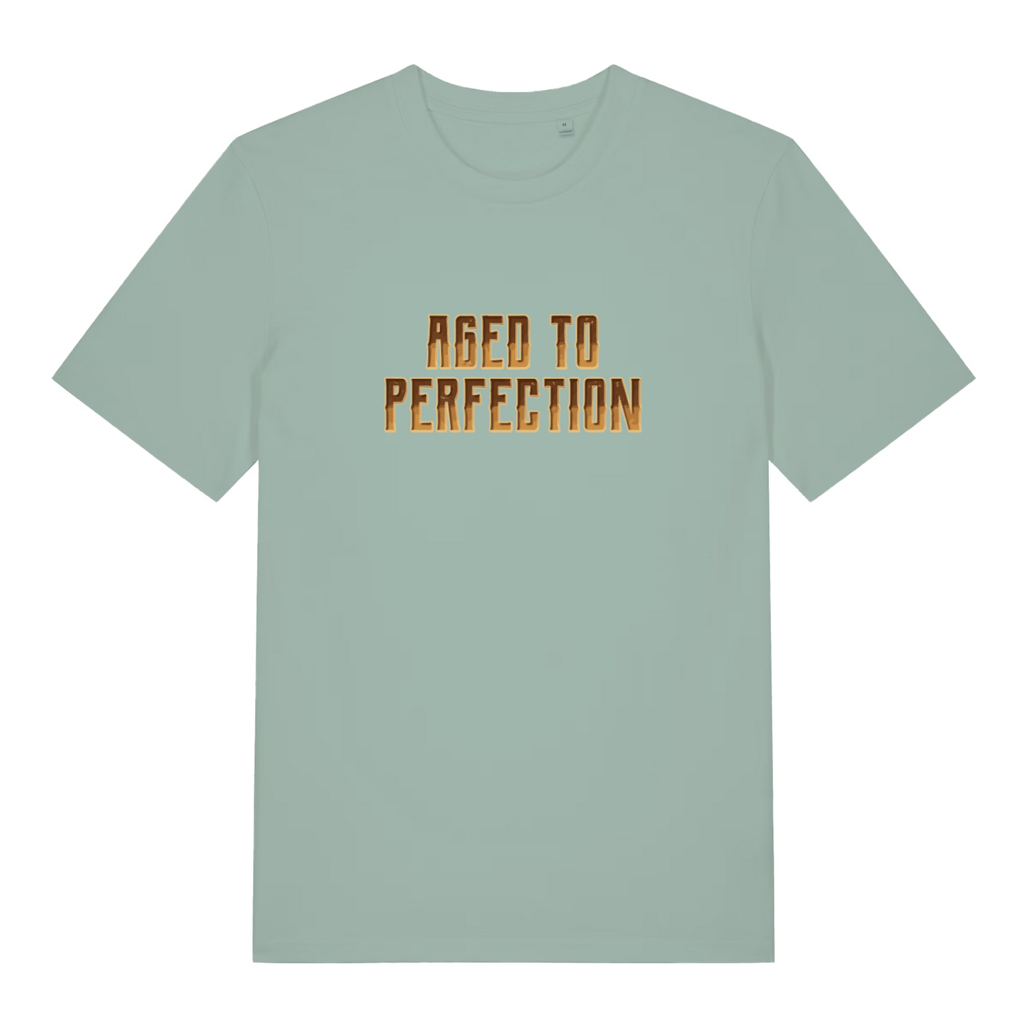 light green slogan t-shirt with 'aged to perfection'