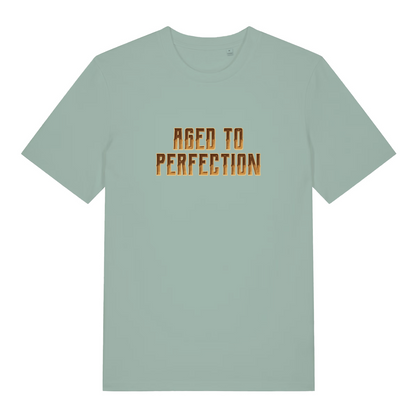 light green slogan t-shirt with 'aged to perfection'