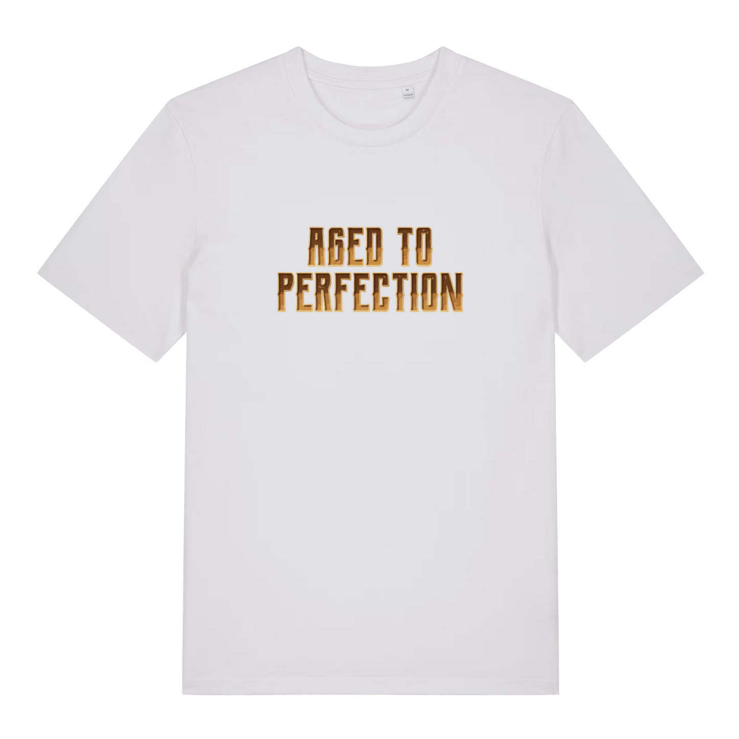 white slogan t-shirt with 'aged to perfection'