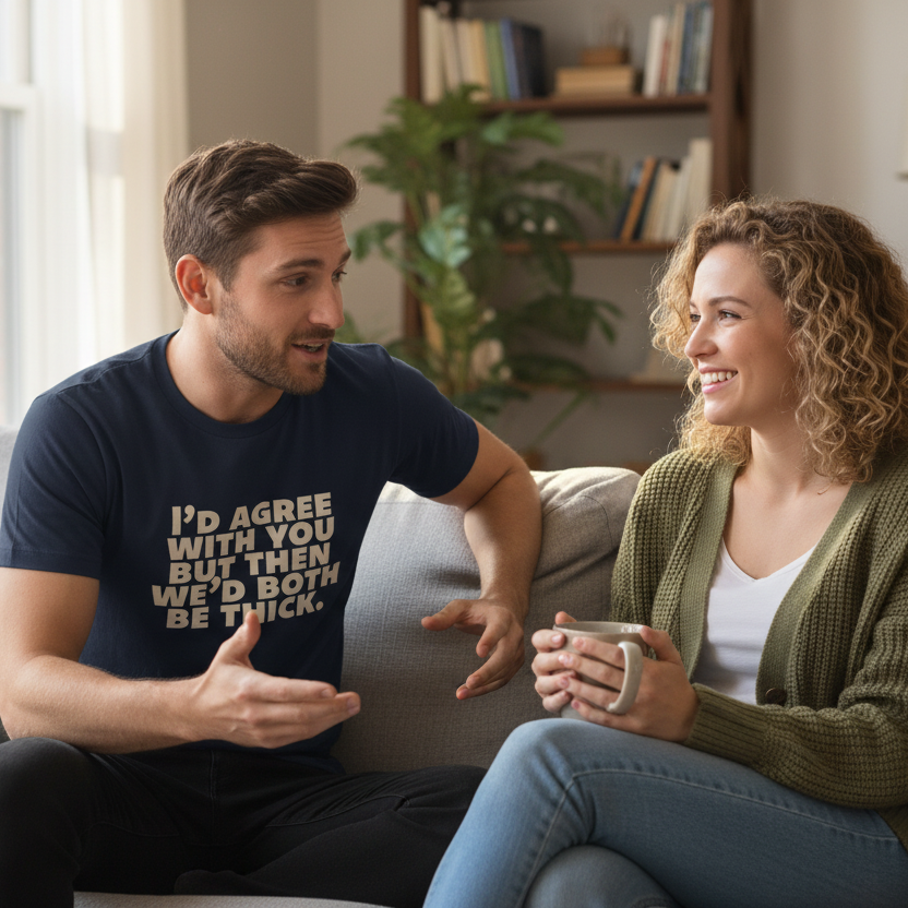 Man and woman sitting on a couch, engaged in conversation with a humorous t-shirt message.