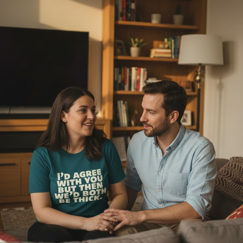 Man and woman sitting on a couch in a living room, holding hands.