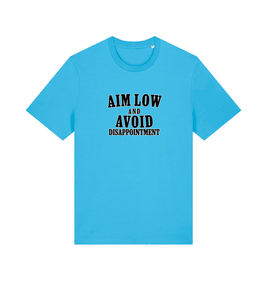 Bright blue slogan t-shirt with 'Aim Low and Avoid Disappointment' text 