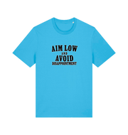 Bright blue slogan t-shirt with 'Aim Low and Avoid Disappointment' text 
