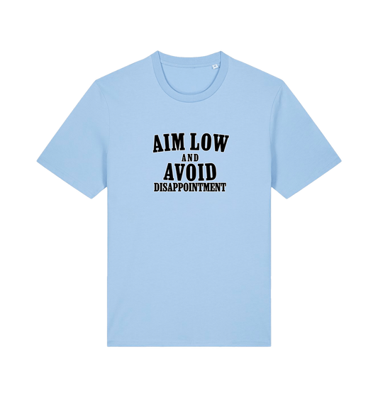 Light blue slogan t-shirt with 'Aim Low and Avoid Disappointment' text 