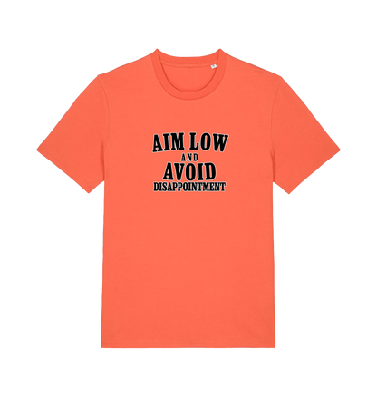 Orange slogan t-shirt with 'Aim Low and Avoid Disappointment' text 