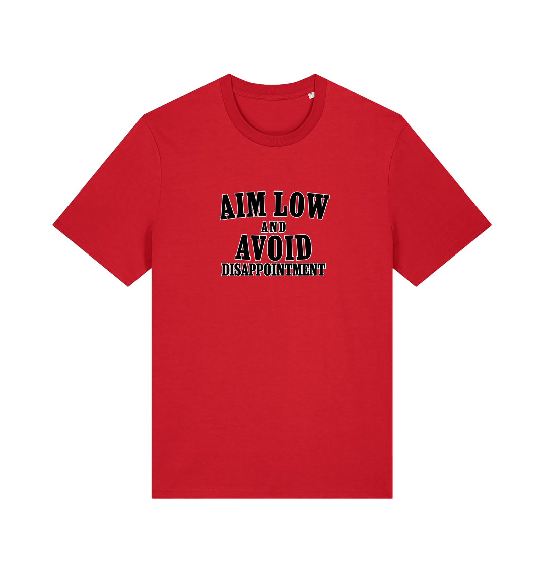 Red slogan t-shirt with 'Aim Low and Avoid Disappointment' text 