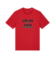 Red slogan t-shirt with 'Aim Low and Avoid Disappointment' text 