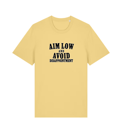 Yellow slogan t-shirt with 'Aim Low and Avoid Disappointment' text 