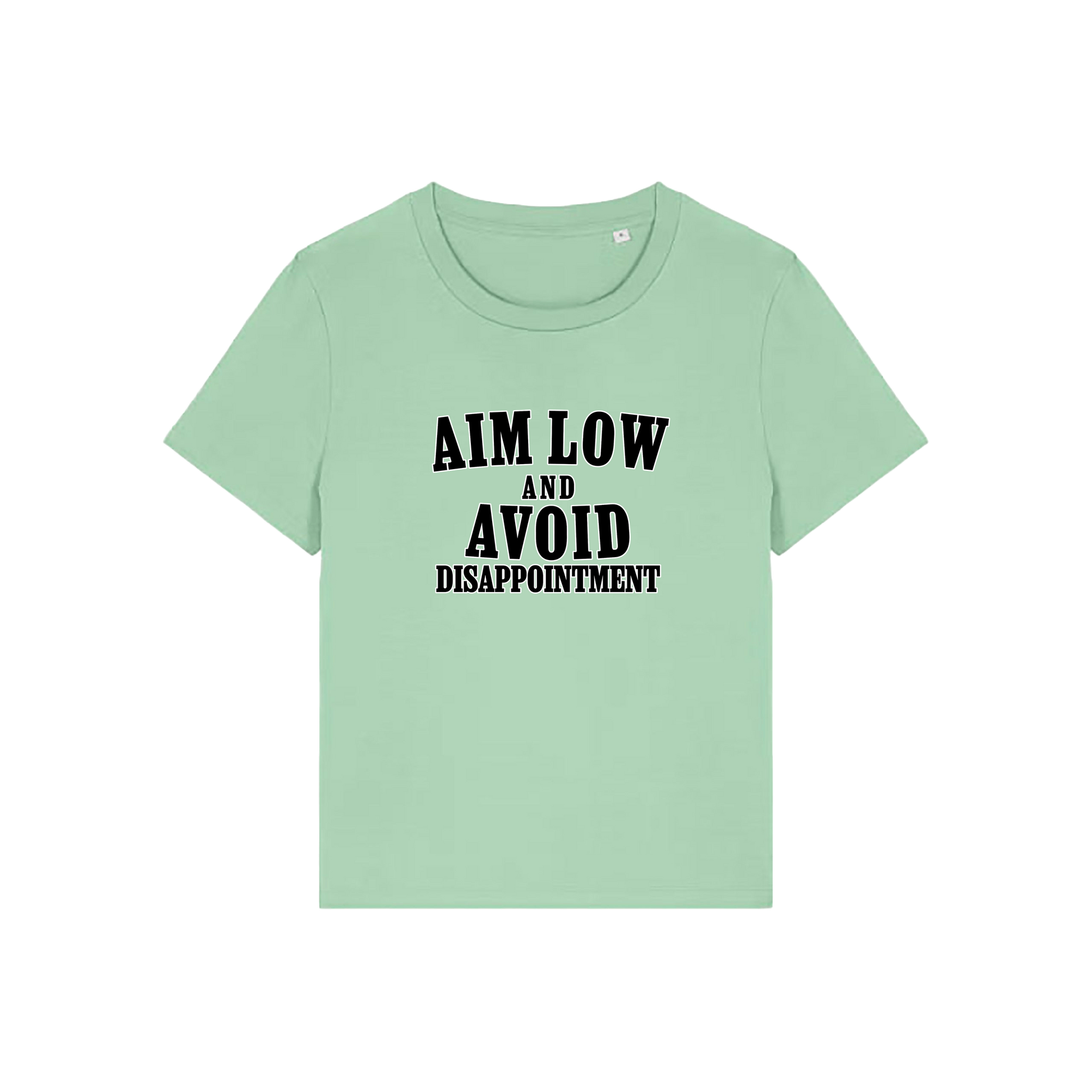 mint green funny slogan tee with 'aim low and avoid disappointment'