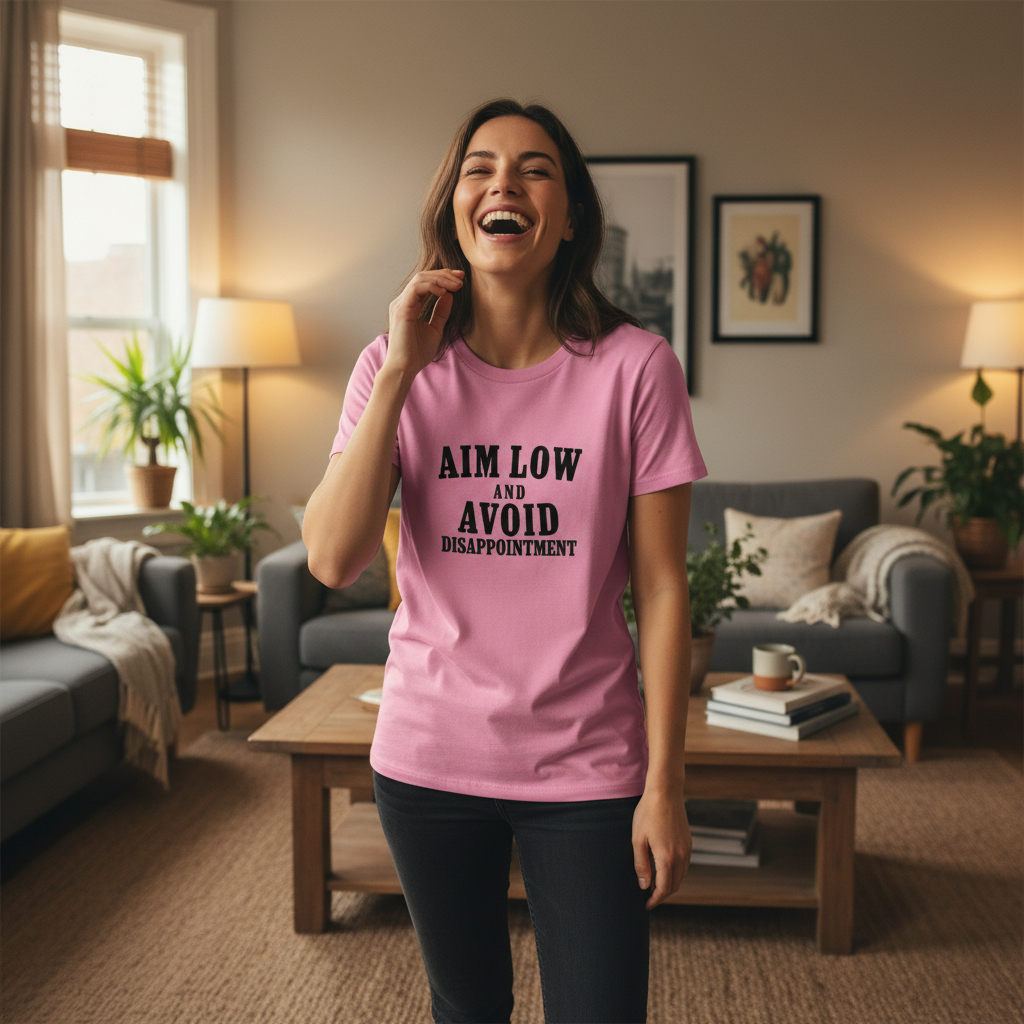 woman wearing a pink slogan t-shirt that reads ' ain low and avoid disappointment' stood in a living room