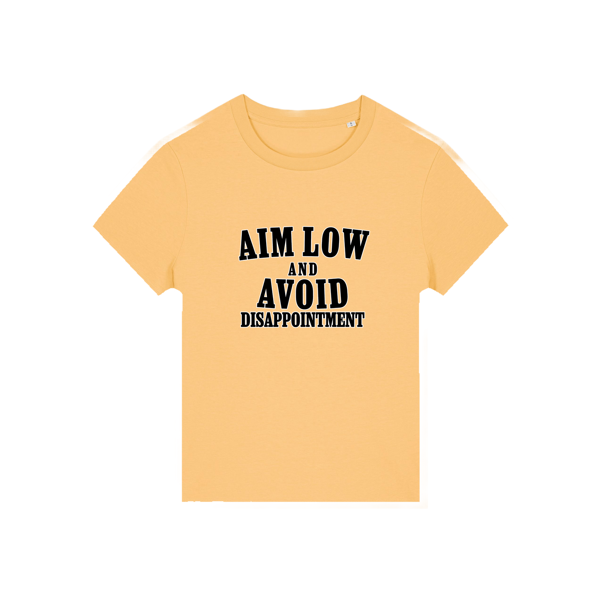 yellow funny slogan tee with 'aim low and avoid disappointment'