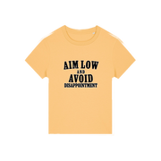yellow funny slogan tee with 'aim low and avoid disappointment'