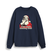 navy christmas sweater with a graphic of santa and the slogan 'you aint getting shit'