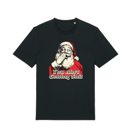 black christmas t-shirt with a graphic of santa and the slogan 'you aint getting shit'