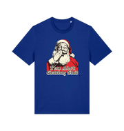blue christmas t-shirt with a graphic of santa and the slogan 'you aint getting shit'