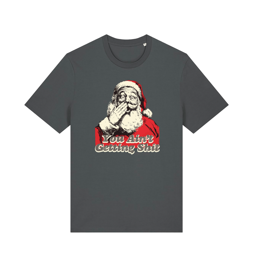 grey christmas t-shirt with a graphic of santa and the slogan 'you aint getting shit'