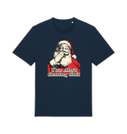 navy christmas t-shirt with a graphic of santa and the slogan 'you aint getting shit'