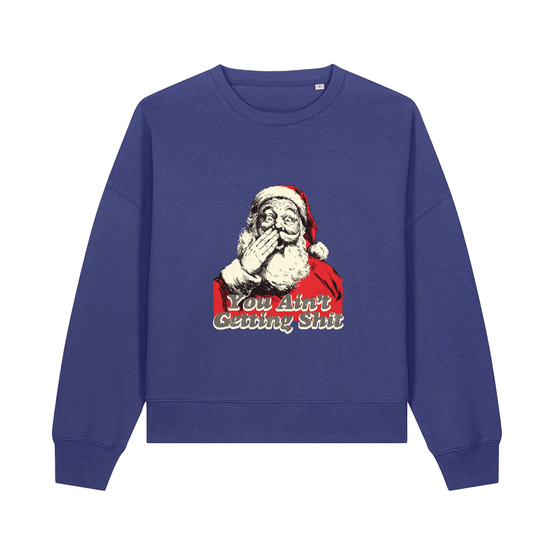 blue christmas sweater with a graphic of santa and the slogan 'you aint getting shit'