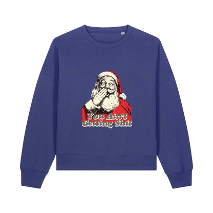 blue christmas sweater with a graphic of santa and the slogan 'you aint getting shit'