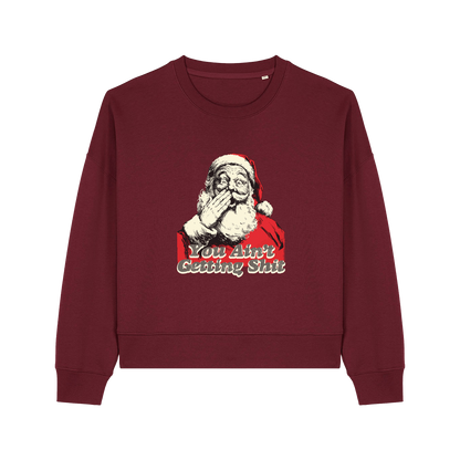 burgundy christmas sweater with a graphic of santa and the slogan 'you aint getting shit'