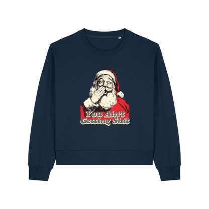 navy christmas sweater with a graphic of santa and the slogan 'you aint getting shit'
