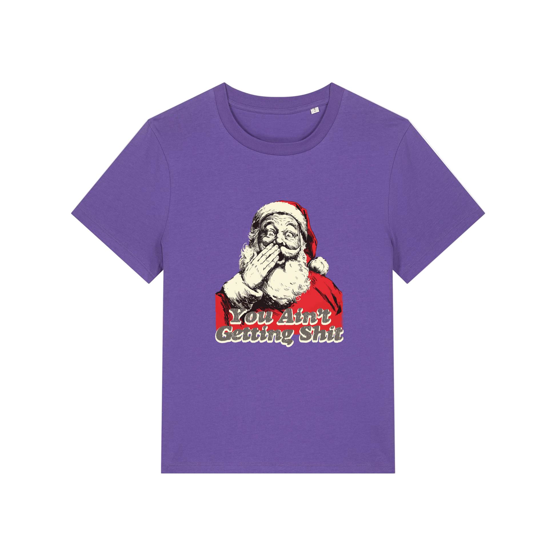 purple christmas t-shirt with a graphic of santa and the slogan 'you aint getting shit'