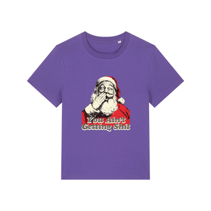 purple christmas t-shirt with a graphic of santa and the slogan 'you aint getting shit'