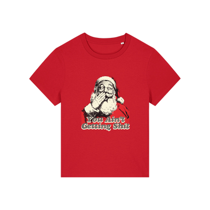 red christmas t-shirt with a graphic of santa and the slogan 'you aint getting shit'