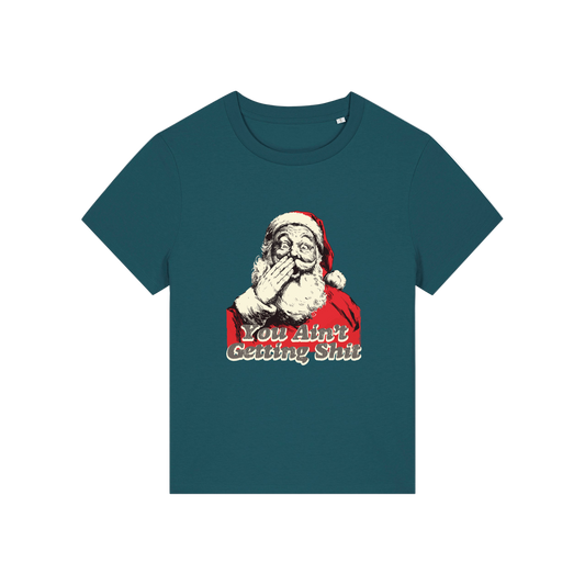 teal christmas t-shirt with a graphic of santa and the slogan 'you aint getting shit'