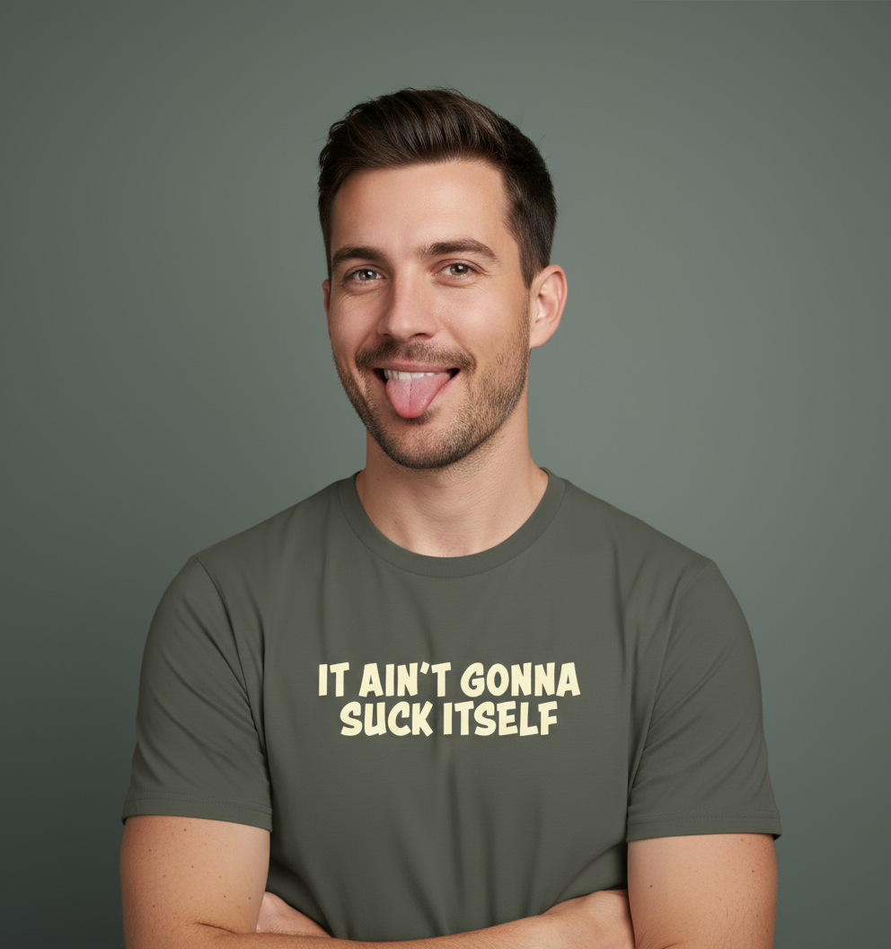 Man wearing a green t-shirt with text on a gray background