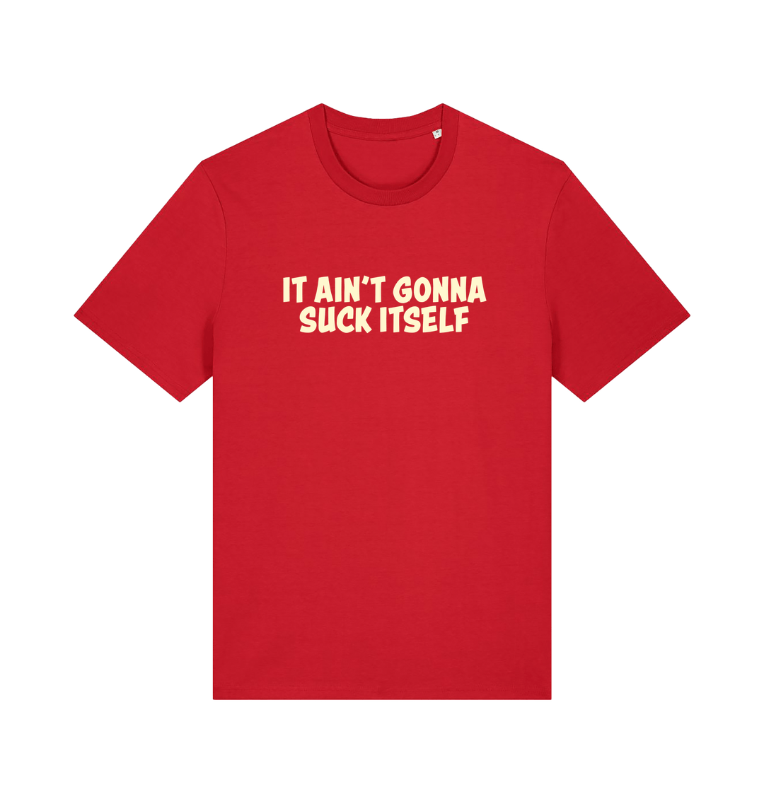 Red offensive t-shirt with the slogan 'it ain't gonna suck itself'