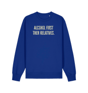 blue christmas sweater with the slogan 'alcohol first then relatives'