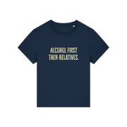 navy christmas t-shirt with the slogan 'alcohol first then relatives'